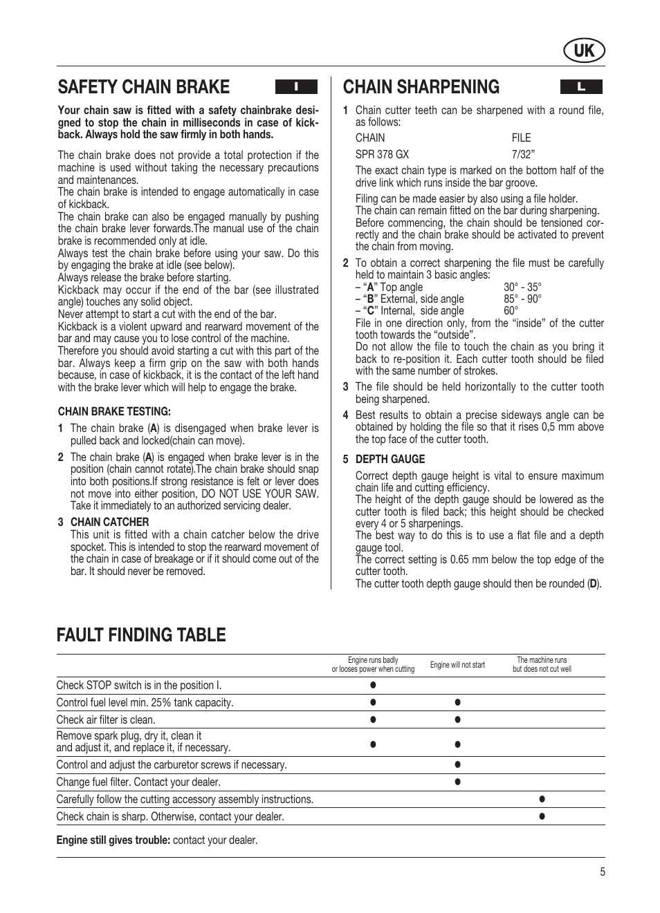 Fault finding table, Safety chain brake, Chain sharpening | McCulloch PRO MAC 54 54CC User Manual | Page 12 / 14