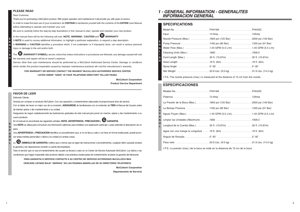 Specifications, Especificaciones | McCulloch 7096-H18A01 User Manual | Page 2 / 7