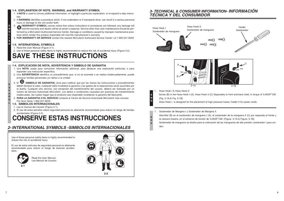 Save these instructions, Conserve estas instrucciones, On off | International symbols -simbolos internacionales, Información técnica y del consumidor, Technical & consumer information | McCulloch 7096-H18A01 User Manual | Page 5 / 7