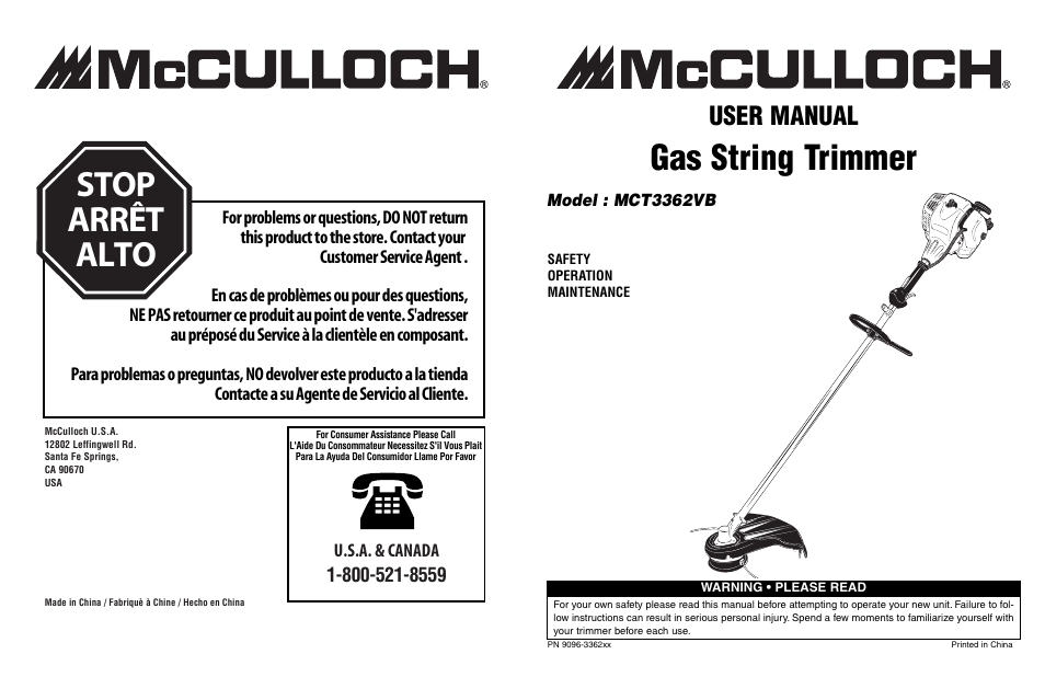 McCulloch MCT3362VB User Manual | 10 pages