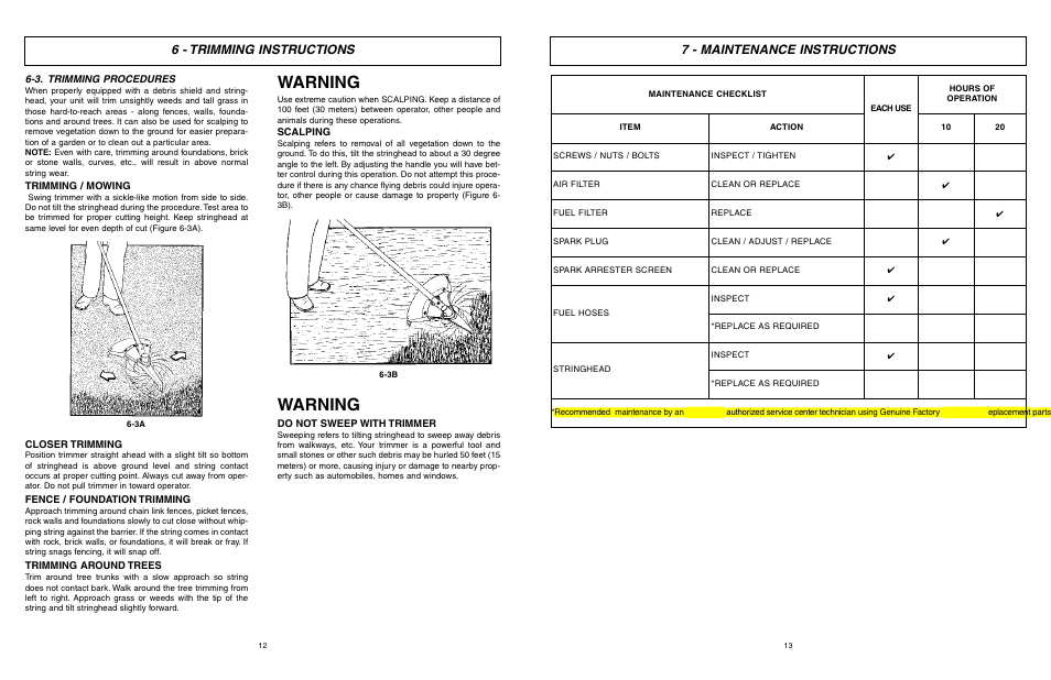 Warning, 6 - trimming instructions, 7 - maintenance instructions | McCulloch MCT3362VB User Manual | Page 7 / 10