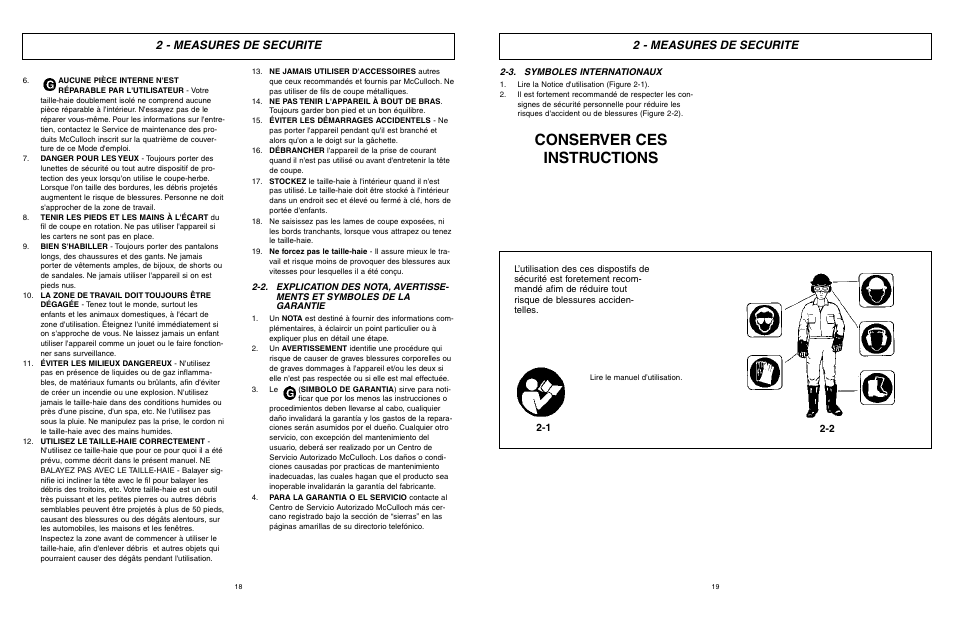 Conserver ces instructions, 2 - measures de securite | McCulloch MCT2027 User Manual | Page 10 / 22