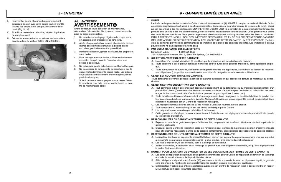 Avertissement, 5 - entretien, 6 - garantie limitée de un année | McCulloch MCT2027 User Manual | Page 14 / 22