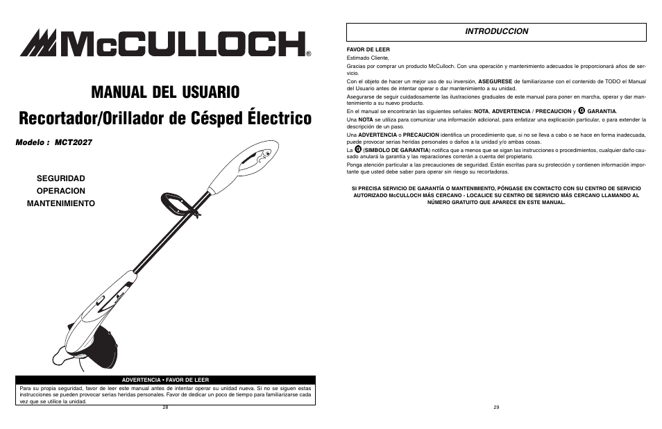 Recortador/orillador de césped électrico, Manual del usuario, Seguridad operacion mantenimiento modelo : mct2027 | Introduccion | McCulloch MCT2027 User Manual | Page 15 / 22