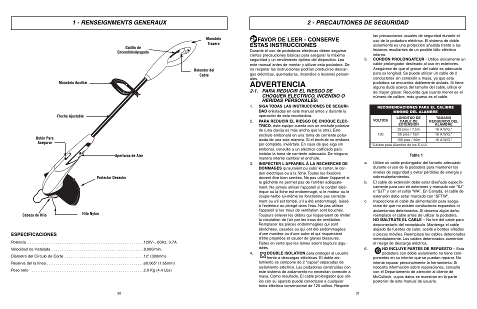 Advertencia, 1 - renseignments generaux, 2 - precautiones de seguridad | Favor de leer - conserve estas instrucciones | McCulloch MCT2027 User Manual | Page 16 / 22