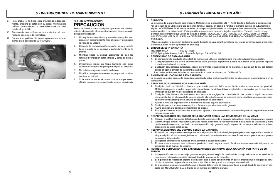 Precaucion, 5 - instrucciones de maintenimiento, 6 - garantía limitada de un año | McCulloch MCT2027 User Manual | Page 21 / 22