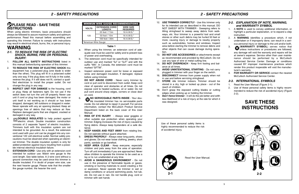 Warning, Save these instructions, 2 - safety precautions | Please read - save these instructions | McCulloch MCT2027 User Manual | Page 3 / 22