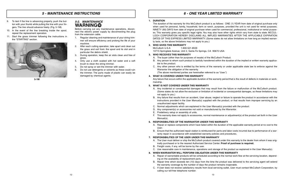 Warning, 6 - one year limited warrnaty, 5 - maintenance instructions | McCulloch MCT2027 User Manual | Page 7 / 22