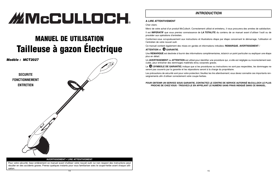 Tailleuse à gazon électrique, Manuel de utilisation, Securite fonctionnement entretien modèle : mct2027 | Introduction | McCulloch MCT2027 User Manual | Page 8 / 22