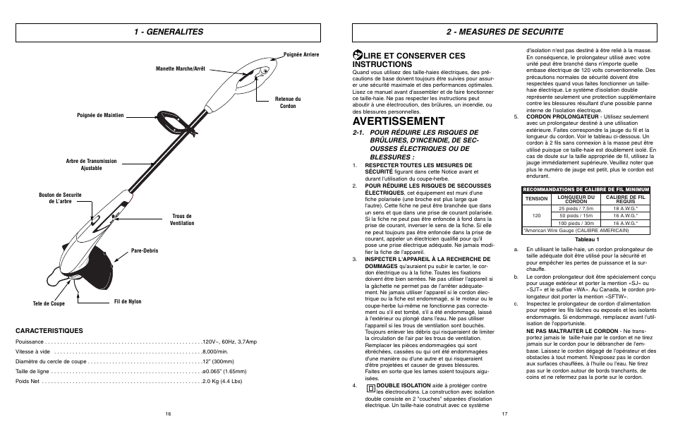 Avertissement, 1 - generalites, 2 - measures de securite | Lire et conserver ces instructions | McCulloch MCT2027 User Manual | Page 9 / 22