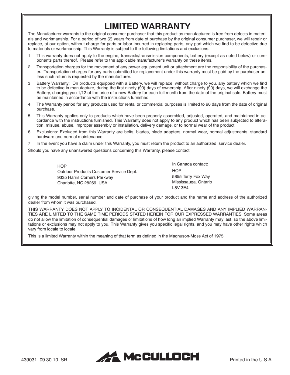 Limited warranty | McCulloch 96192004001 User Manual | Page 40 / 40