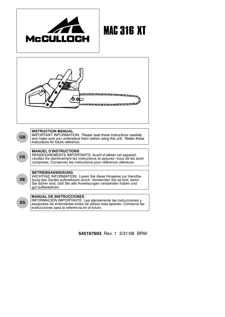 McCulloch MAC 316 XT User Manual | 15 pages