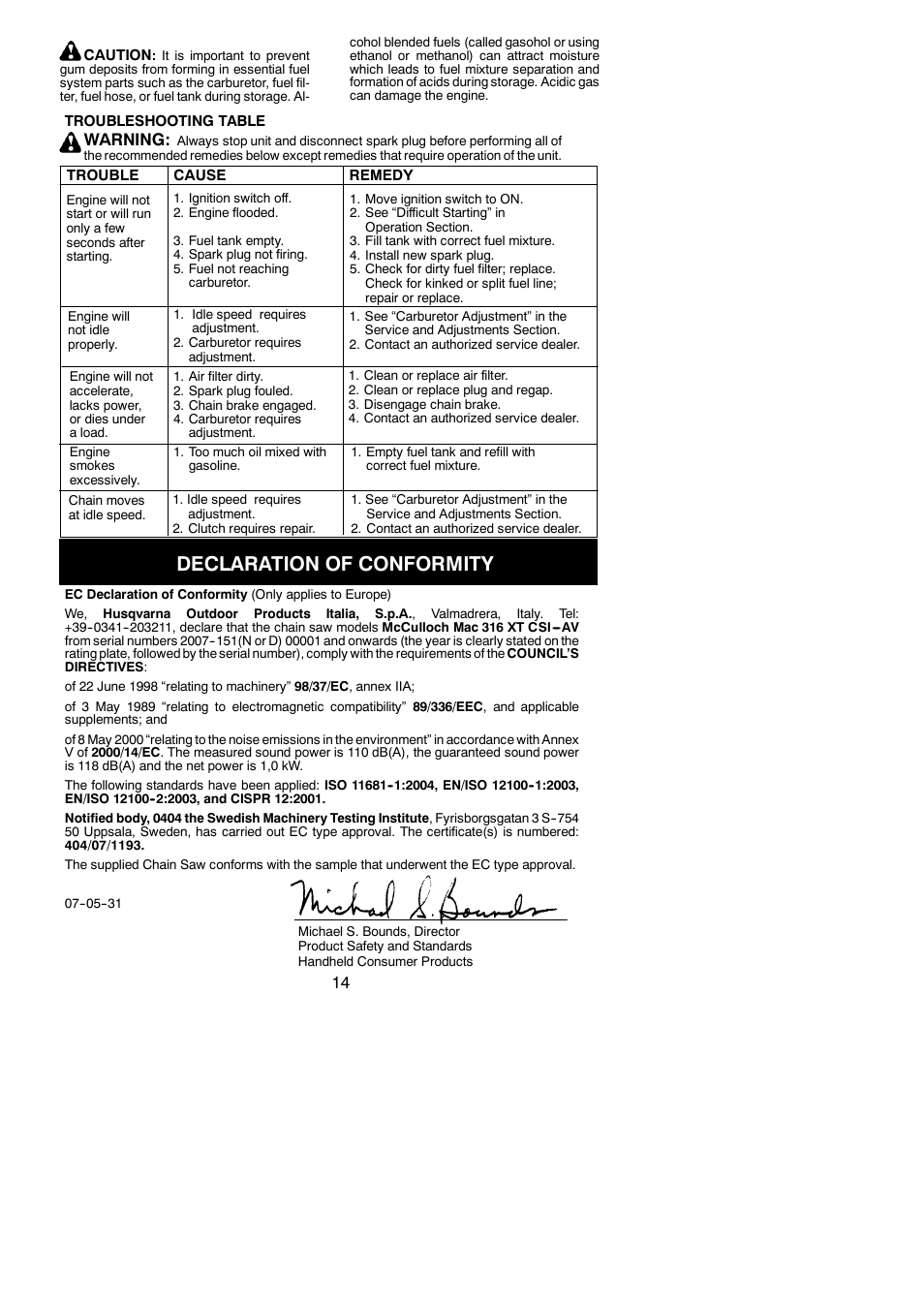 Declaration of conformity, Warning | McCulloch MAC 316 XT User Manual | Page 14 / 15