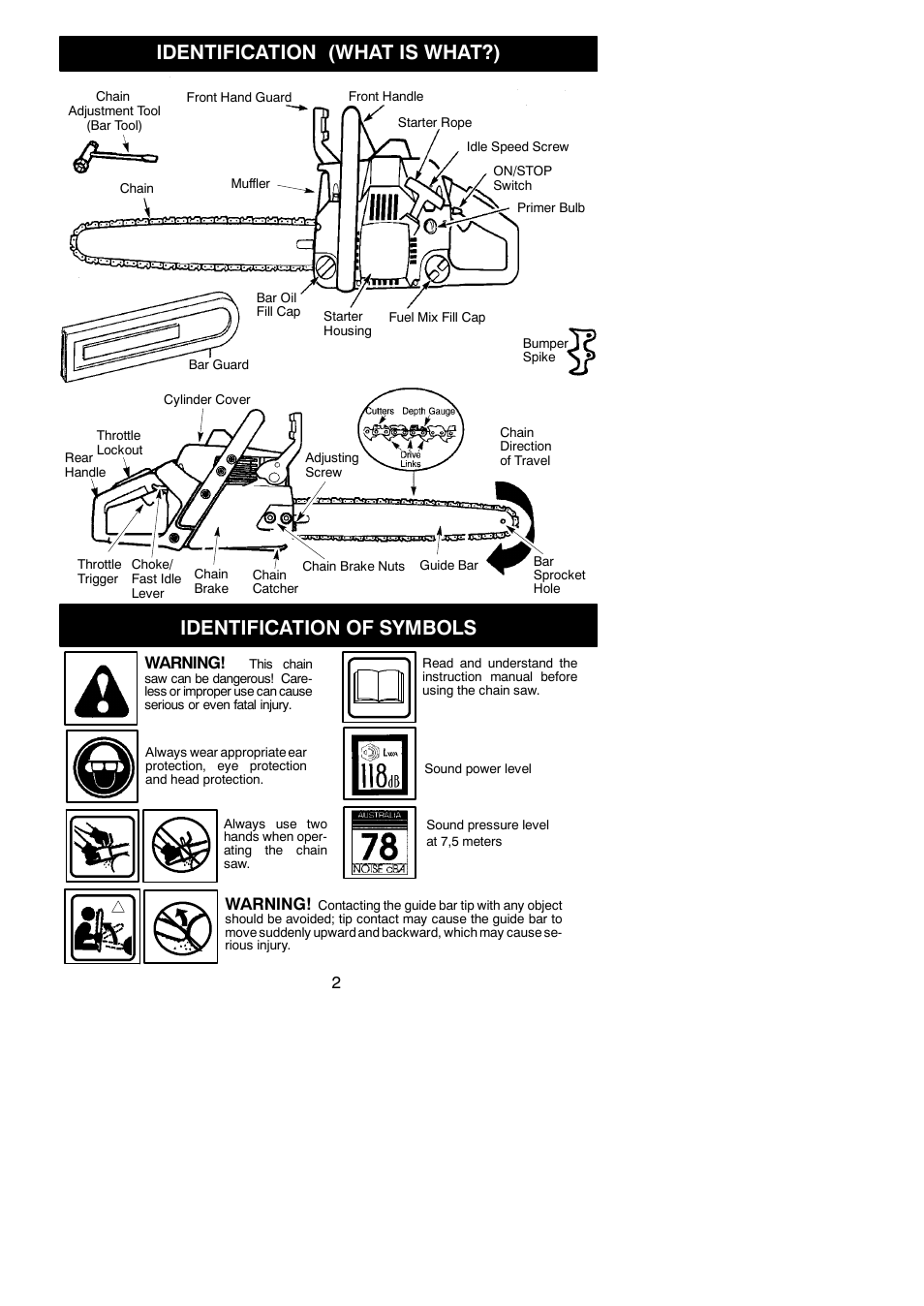 Identification (what is what?), Identification of symbols, Warning | McCulloch MAC 316 XT User Manual | Page 2 / 15