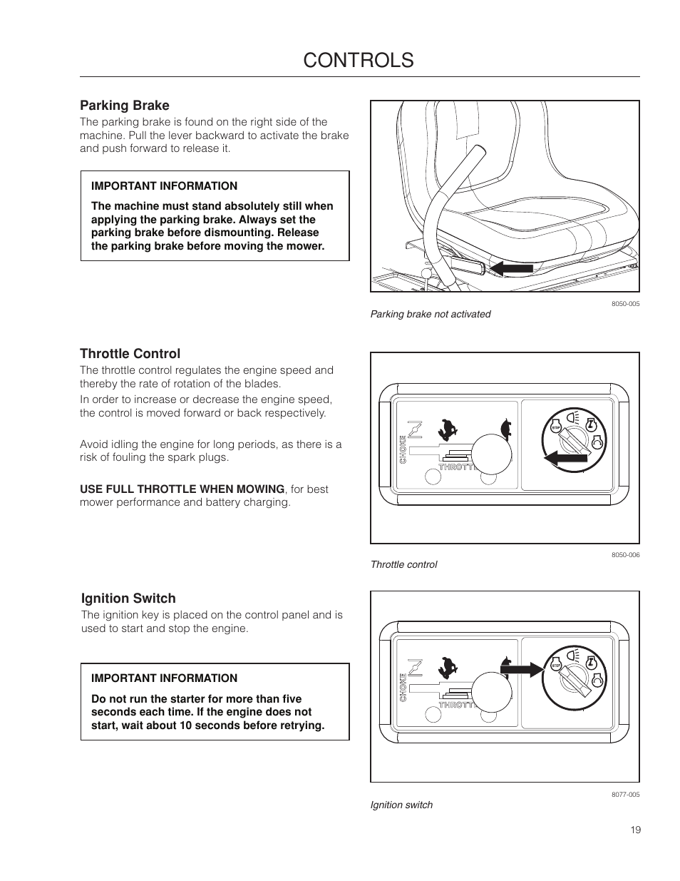 Parking brake, Throttle control, Ignition switch | Controls | McCulloch 966564001 User Manual | Page 19 / 56
