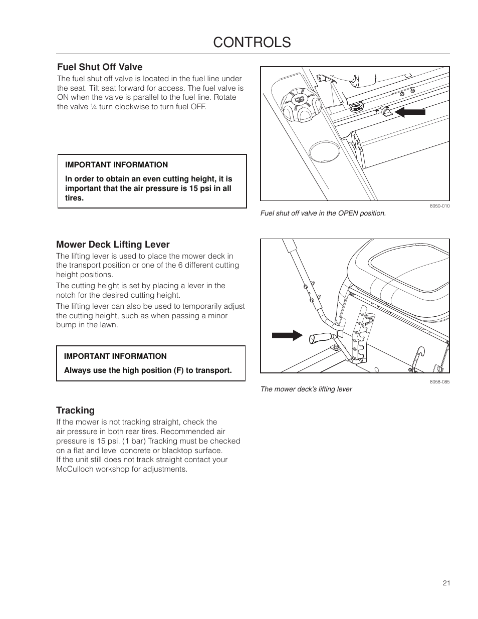 Fuel shut off valve, Mower deck lifting lever, Tracking | Controls | McCulloch 966564001 User Manual | Page 21 / 56