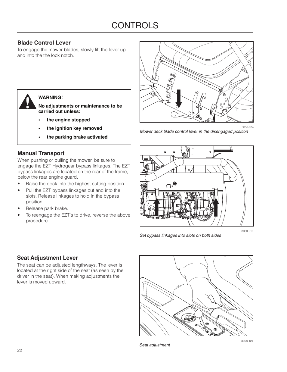 Blade control lever, Manual transport, Seat adjustment lever | Controls | McCulloch 966564001 User Manual | Page 22 / 56