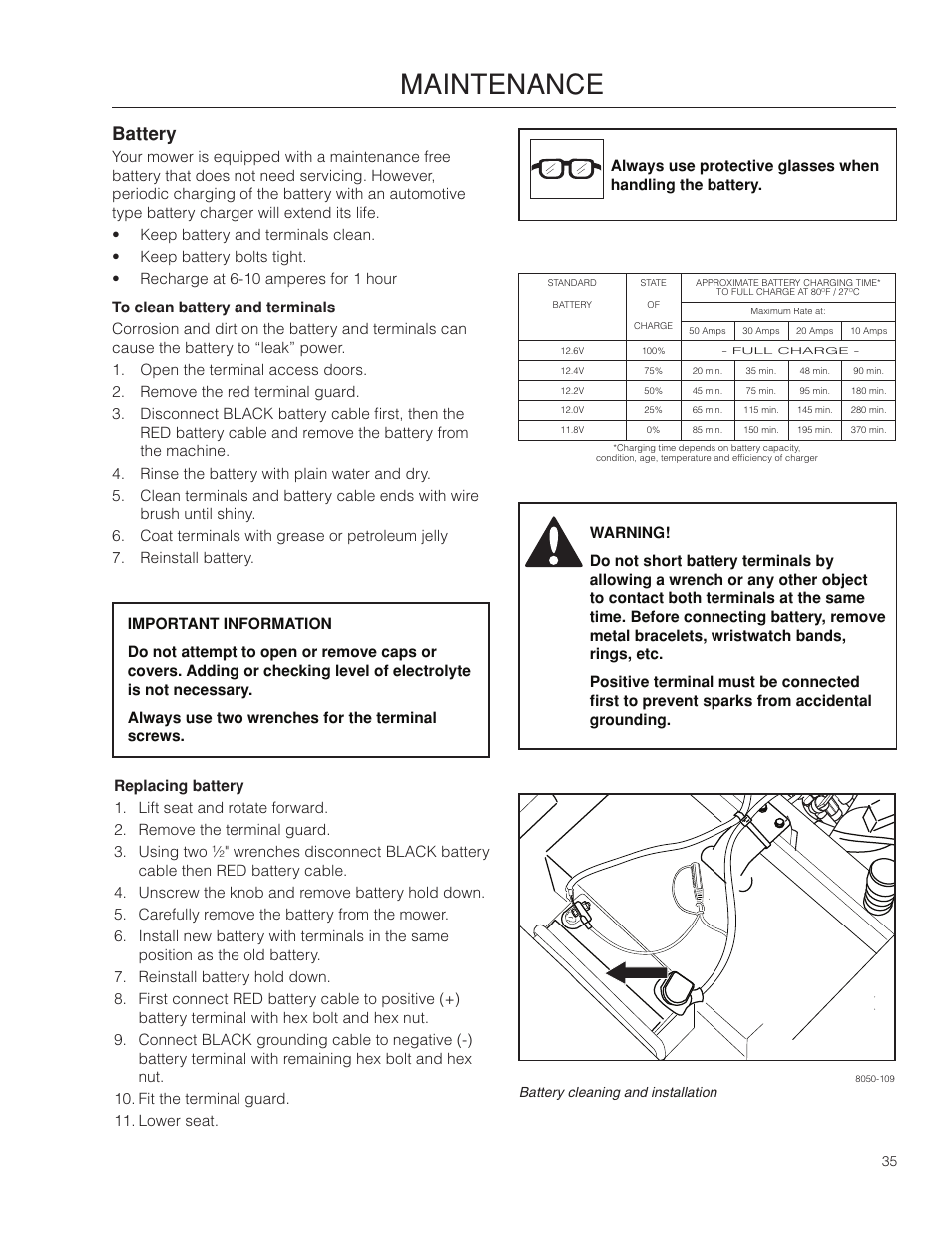 Battery, Maintenance | McCulloch 966564001 User Manual | Page 35 / 56