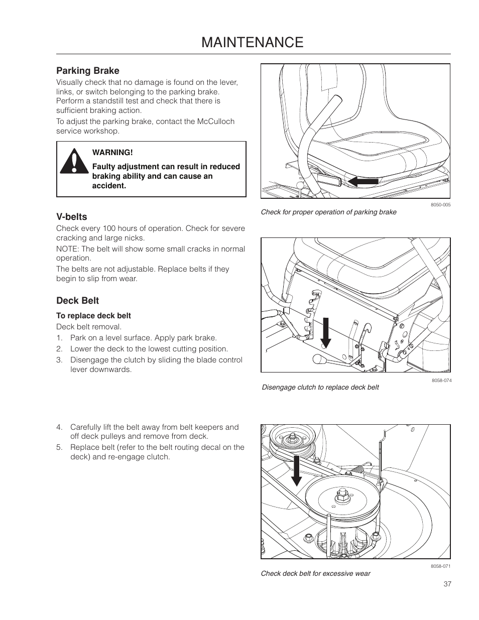 Parking brake, V-belts, Deck belt | Maintenance | McCulloch 966564001 User Manual | Page 37 / 56