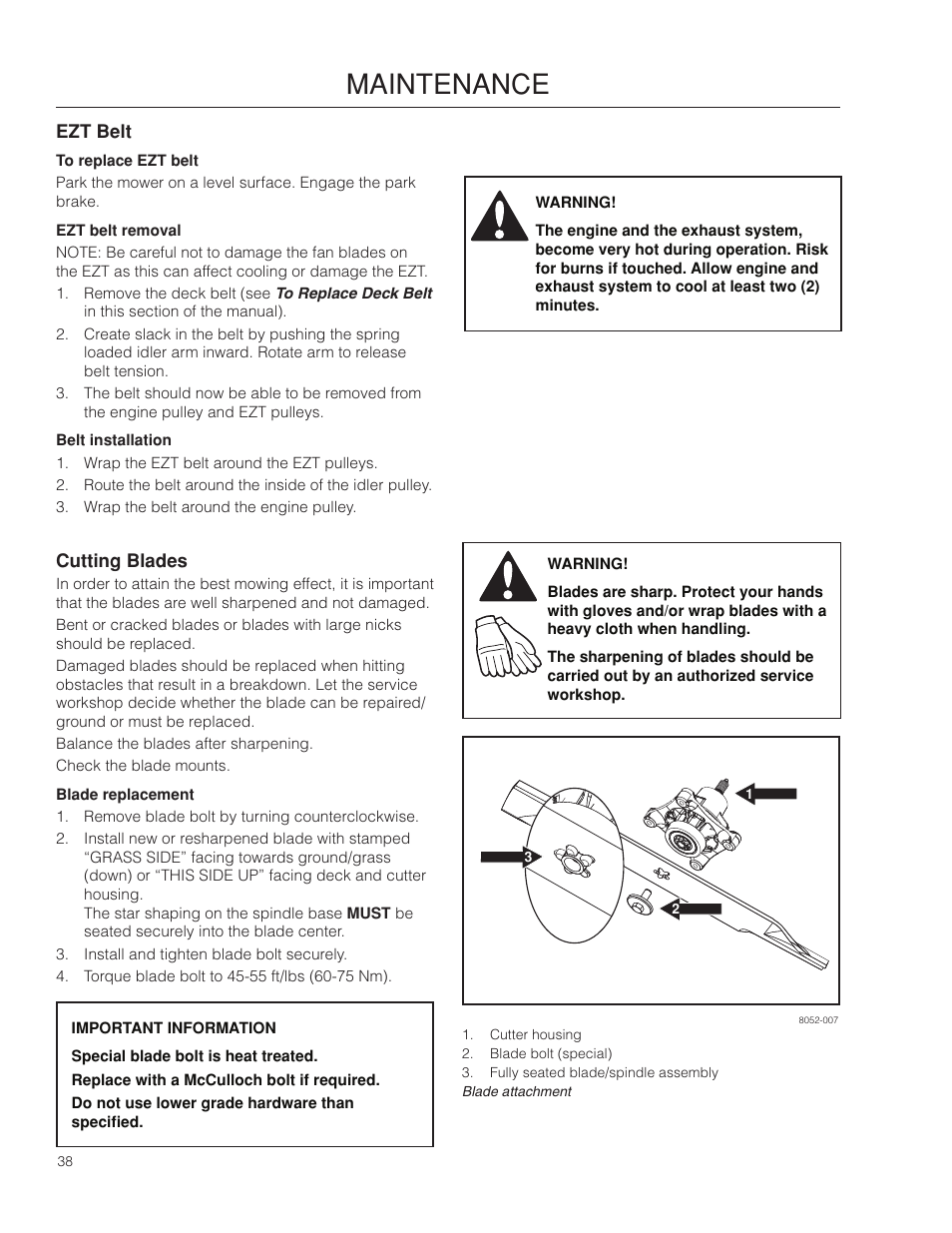 Ezt belt, Cutting blades, Blade replacement | Maintenance | McCulloch 966564001 User Manual | Page 38 / 56