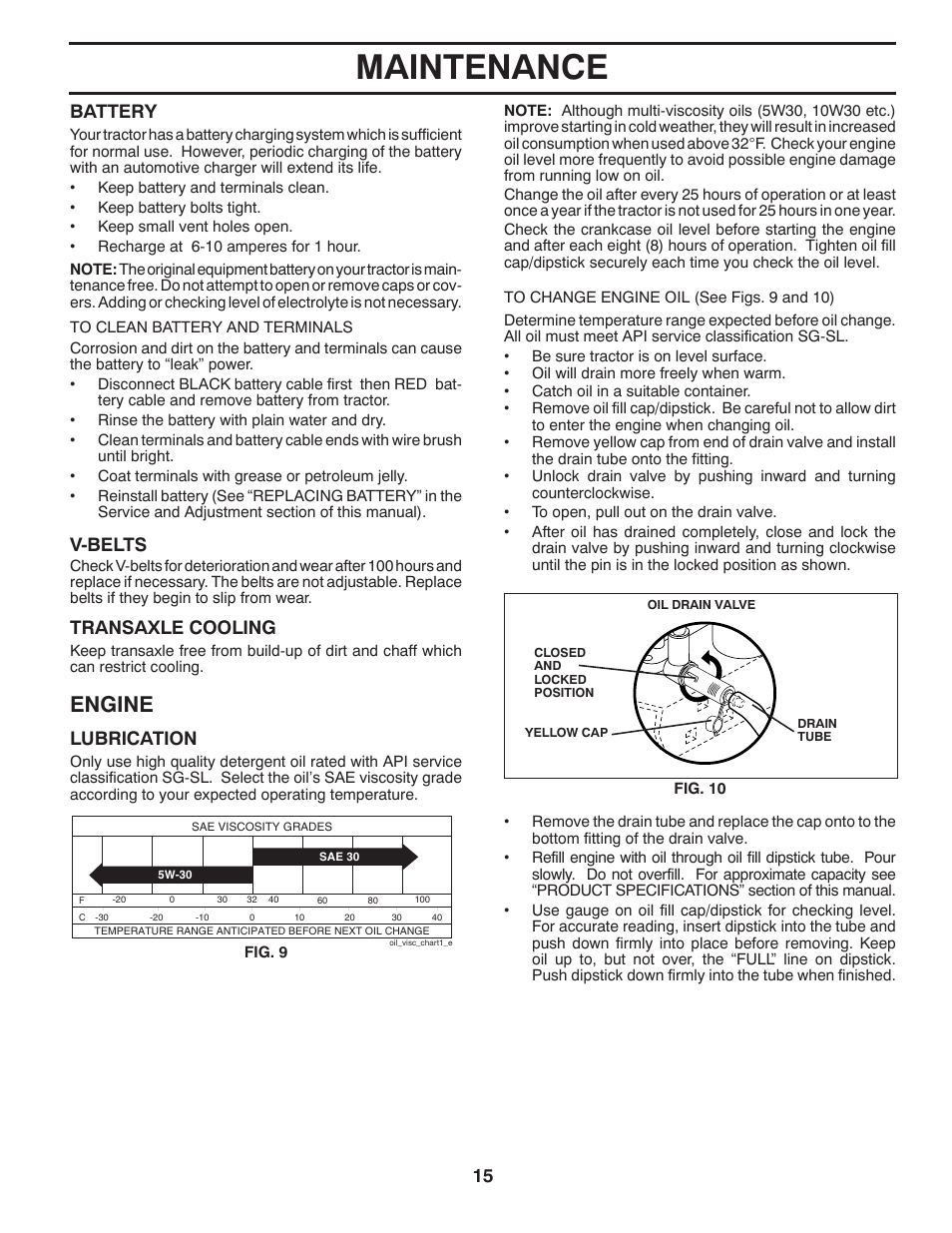 Maintenance, Engine, 15 battery | V-belts, Transaxle cooling, Lubrication | McCulloch 96011024401 User Manual | Page 15 / 28