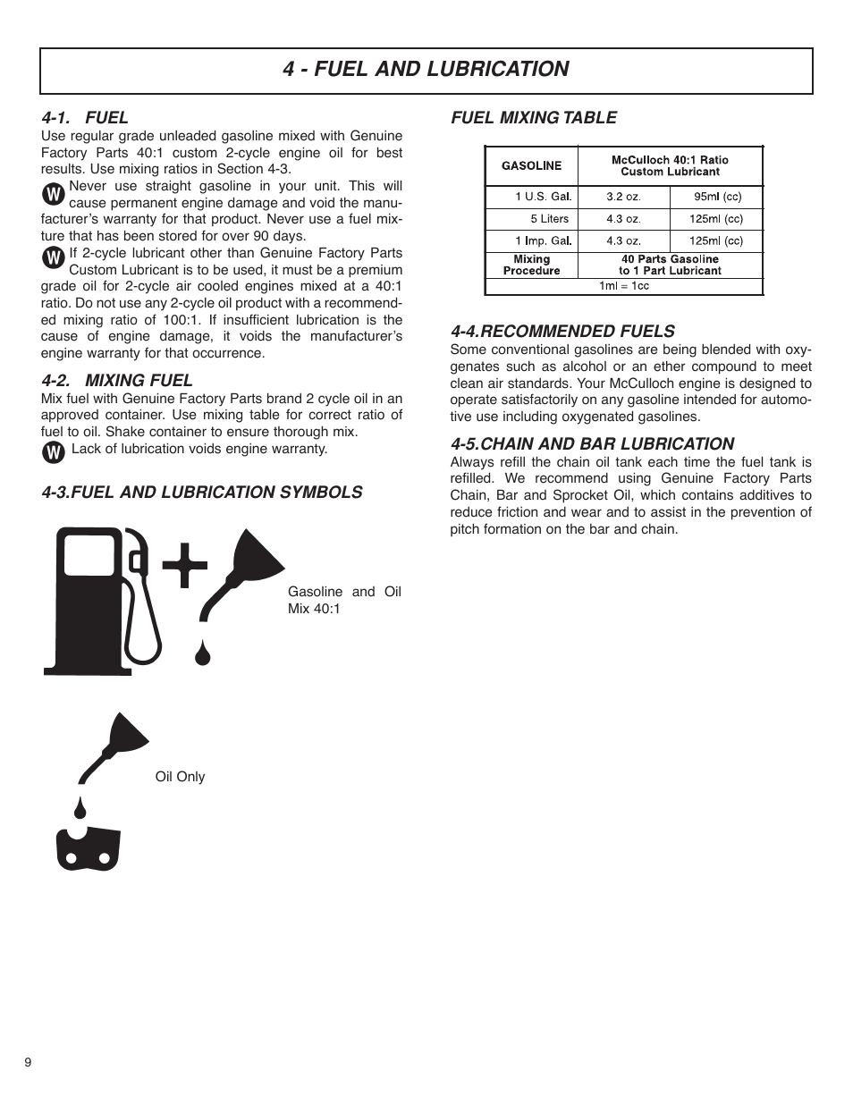 4 - fuel and lubrication | McCulloch MS4016PAVCC User Manual | Page 10 / 64