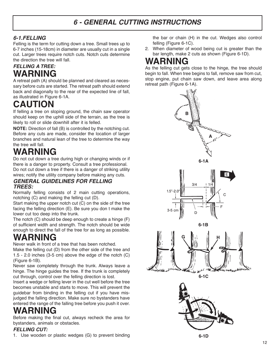 Warning, Caution, 6 - general cutting instructions | McCulloch MS4016PAVCC User Manual | Page 13 / 64