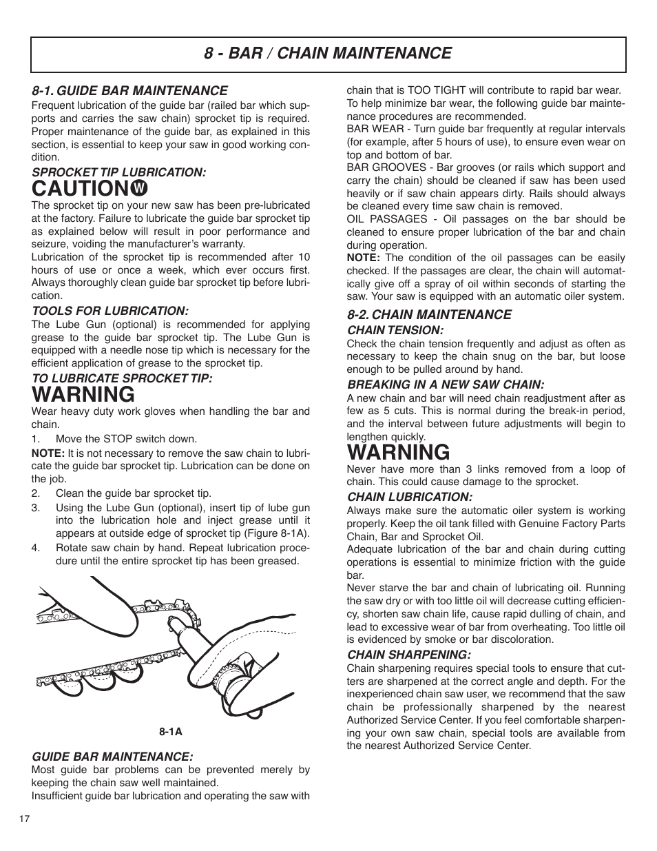 Caution, Warning, 8 - bar / chain maintenance | McCulloch MS4016PAVCC User Manual | Page 18 / 64