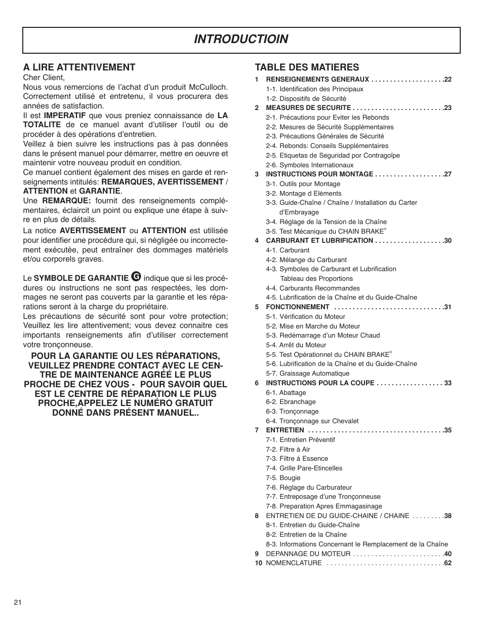 Introductioin, A lire attentivement, Table des matieres | McCulloch MS4016PAVCC User Manual | Page 22 / 64