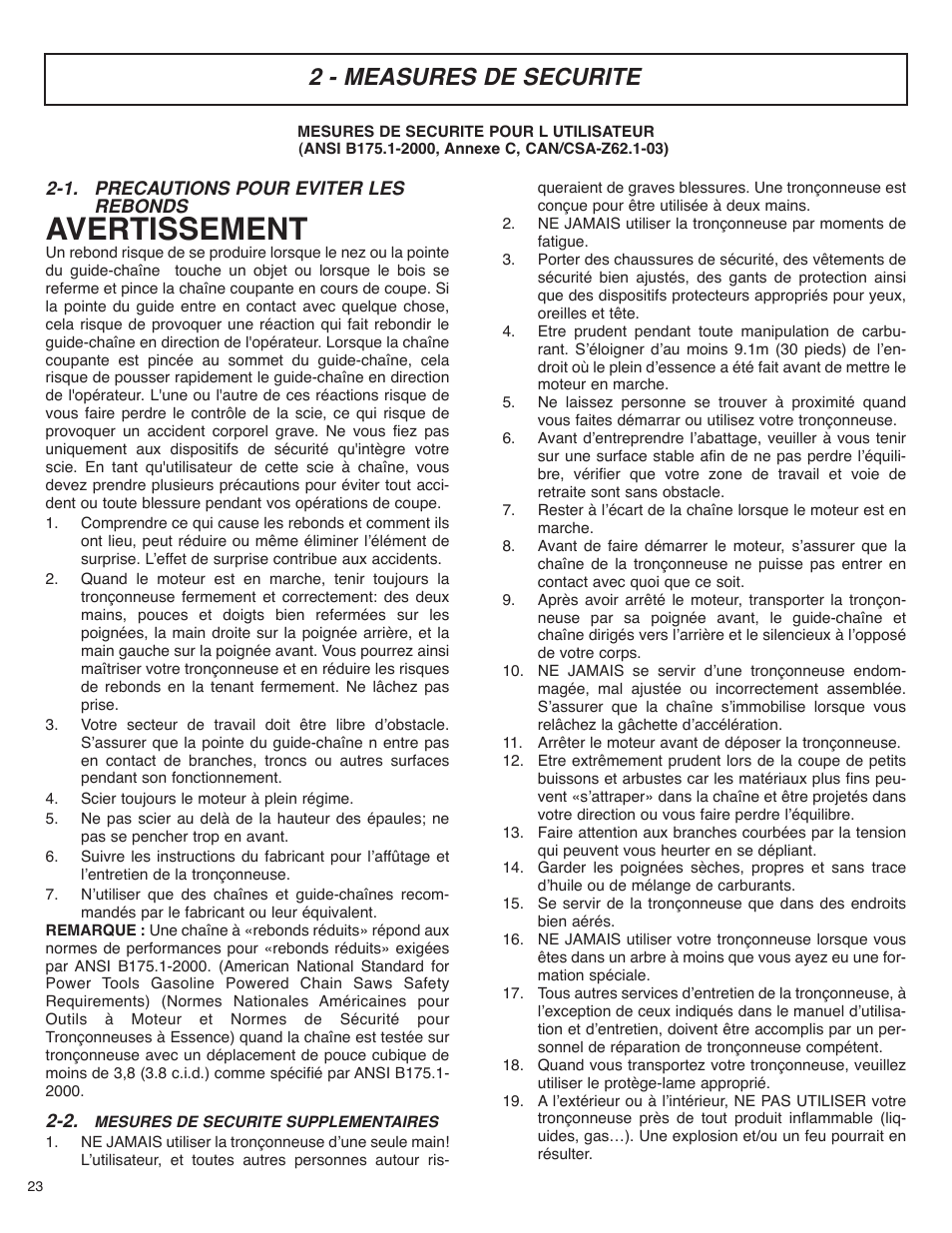 Avertissement, 2 - measures de securite | McCulloch MS4016PAVCC User Manual | Page 24 / 64