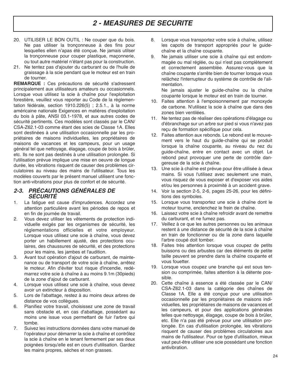 2 - measures de securite, 3. précautions générales de sécurité | McCulloch MS4016PAVCC User Manual | Page 25 / 64