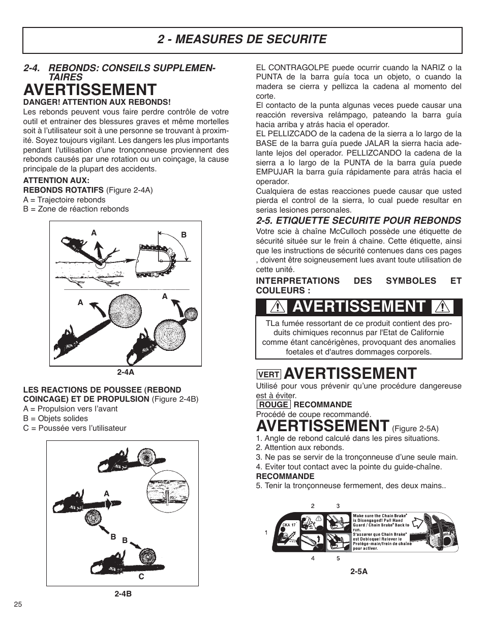 Avertissement, 2 - measures de securite | McCulloch MS4016PAVCC User Manual | Page 26 / 64