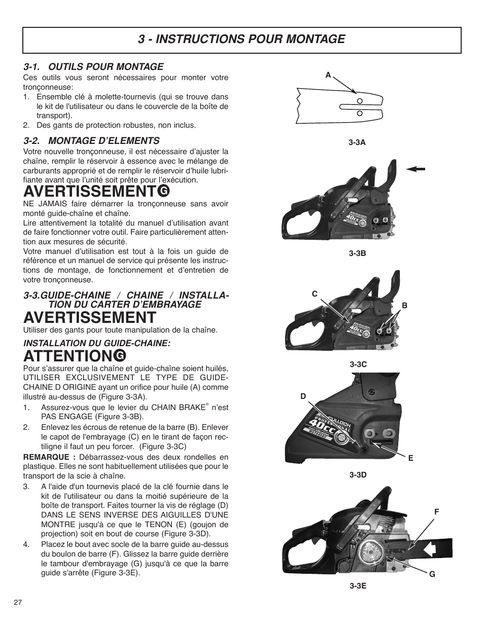 Avertissement, Attention, 3 - instructions pour montage | McCulloch MS4016PAVCC User Manual | Page 28 / 64