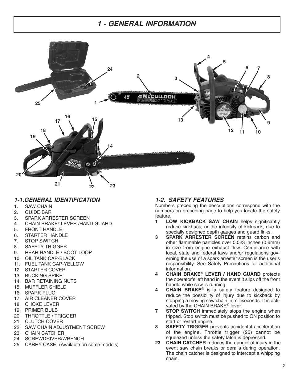 1 - general information, 1.general identification, 2. safety features | McCulloch MS4016PAVCC User Manual | Page 3 / 64