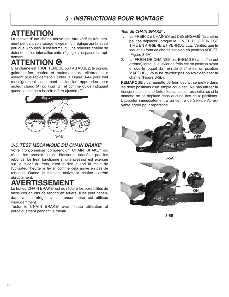 Attention, Avertissement, 3 - instructions pour montage | McCulloch MS4016PAVCC User Manual | Page 30 / 64