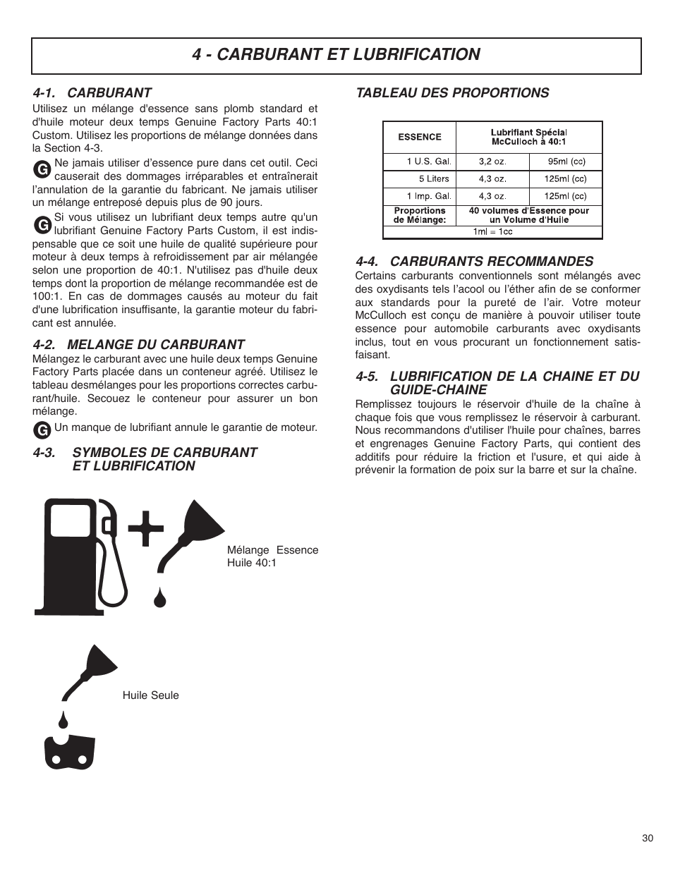 4 - carburant et lubrification | McCulloch MS4016PAVCC User Manual | Page 31 / 64
