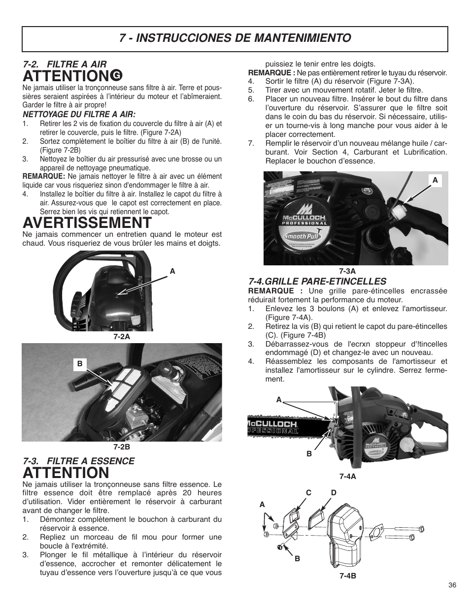 Attention, Avertissement, 7 - instrucciones de mantenimiento | McCulloch MS4016PAVCC User Manual | Page 37 / 64