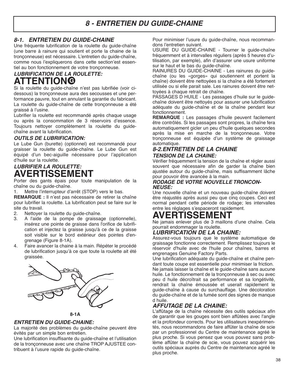 Attention, Avertissement, 8 - entretien du guide-chaine | McCulloch MS4016PAVCC User Manual | Page 39 / 64
