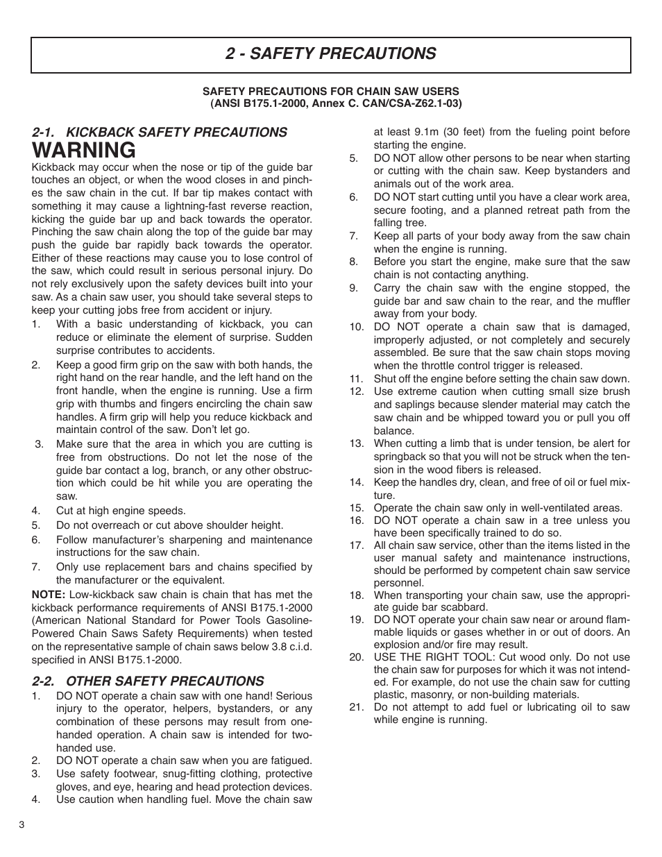 Warning, 2 - safety precautions, 1. kickback safety precautions | 2. other safety precautions | McCulloch MS4016PAVCC User Manual | Page 4 / 64