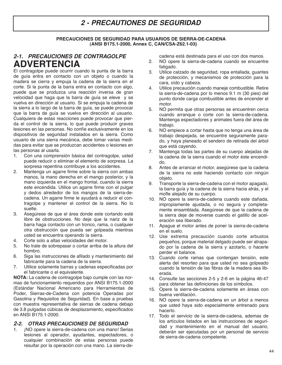 Advertencia, 2 - precautiones de seguridad | McCulloch MS4016PAVCC User Manual | Page 45 / 64