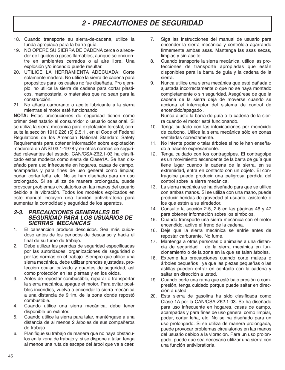 2 - precautiones de seguridad | McCulloch MS4016PAVCC User Manual | Page 46 / 64