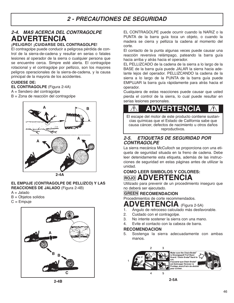 Advertencia, 2 - precautiones de seguridad | McCulloch MS4016PAVCC User Manual | Page 47 / 64