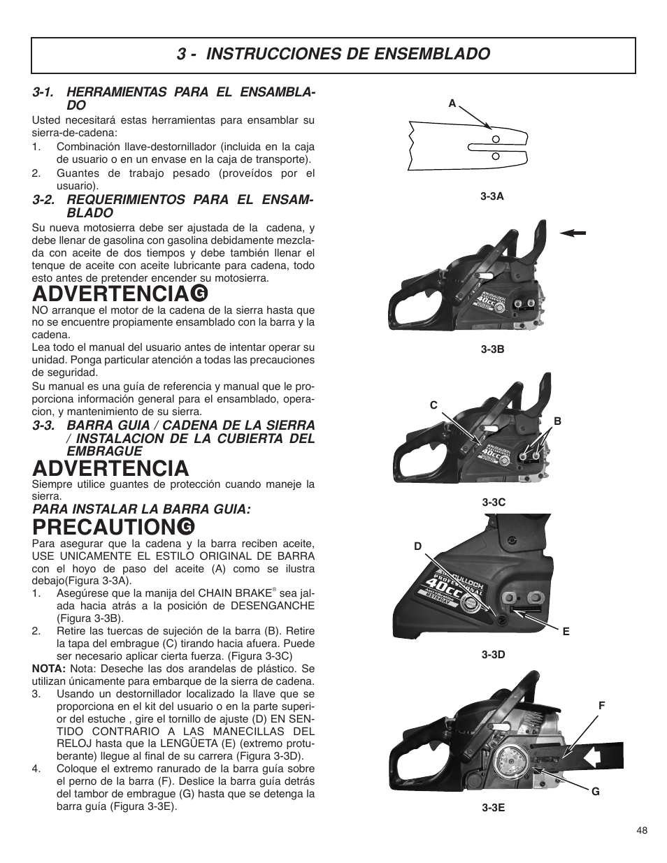 Advertencia, Precaution, 3 - instrucciones de ensemblado | McCulloch MS4016PAVCC User Manual | Page 49 / 64
