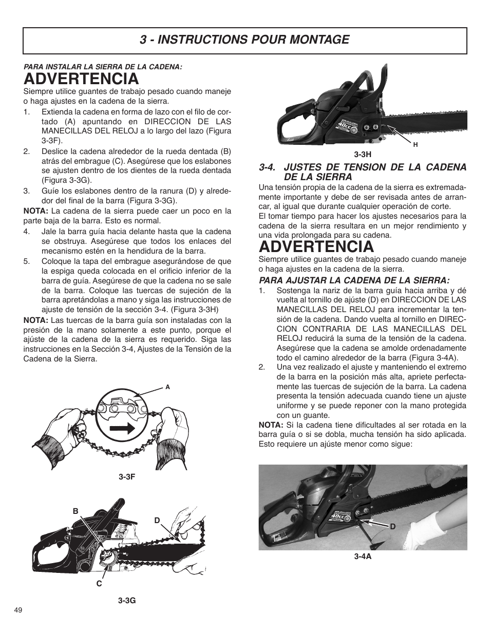 Advertencia, 3 - instructions pour montage | McCulloch MS4016PAVCC User Manual | Page 50 / 64