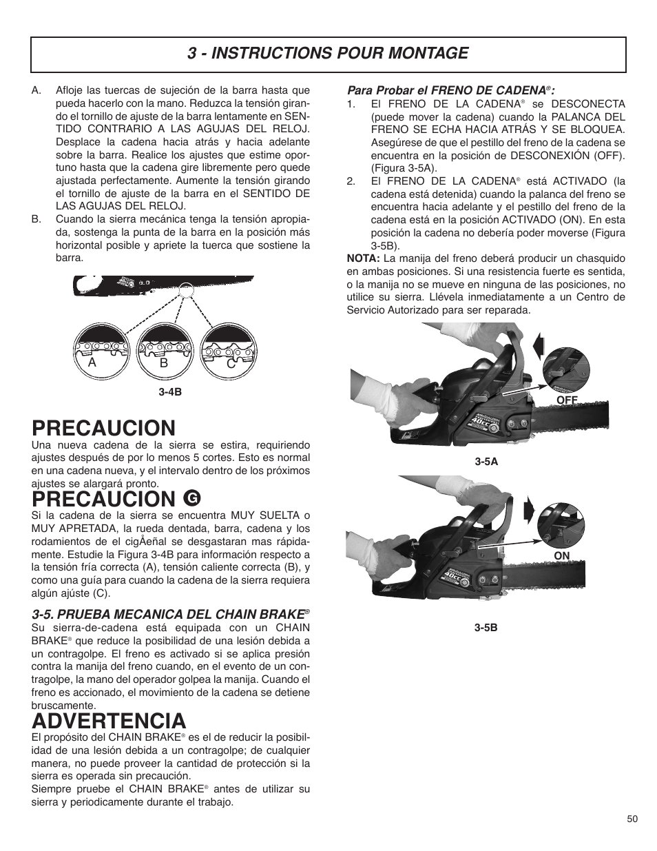 Precaucion, Advertencia, 3 - instructions pour montage | 5. prueba mecanica del chain brake | McCulloch MS4016PAVCC User Manual | Page 51 / 64