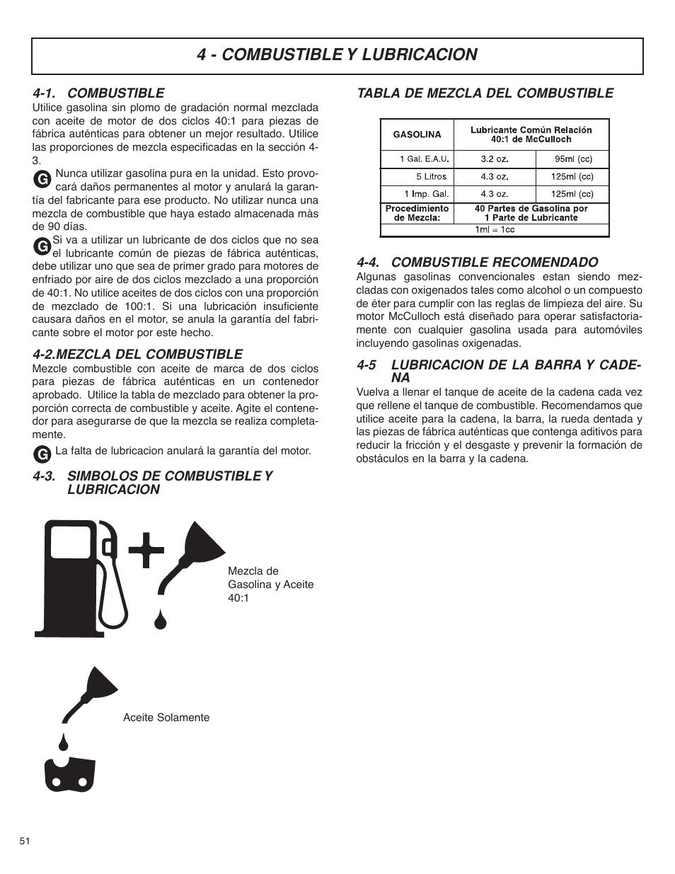4 - combustible y lubricacion | McCulloch MS4016PAVCC User Manual | Page 52 / 64