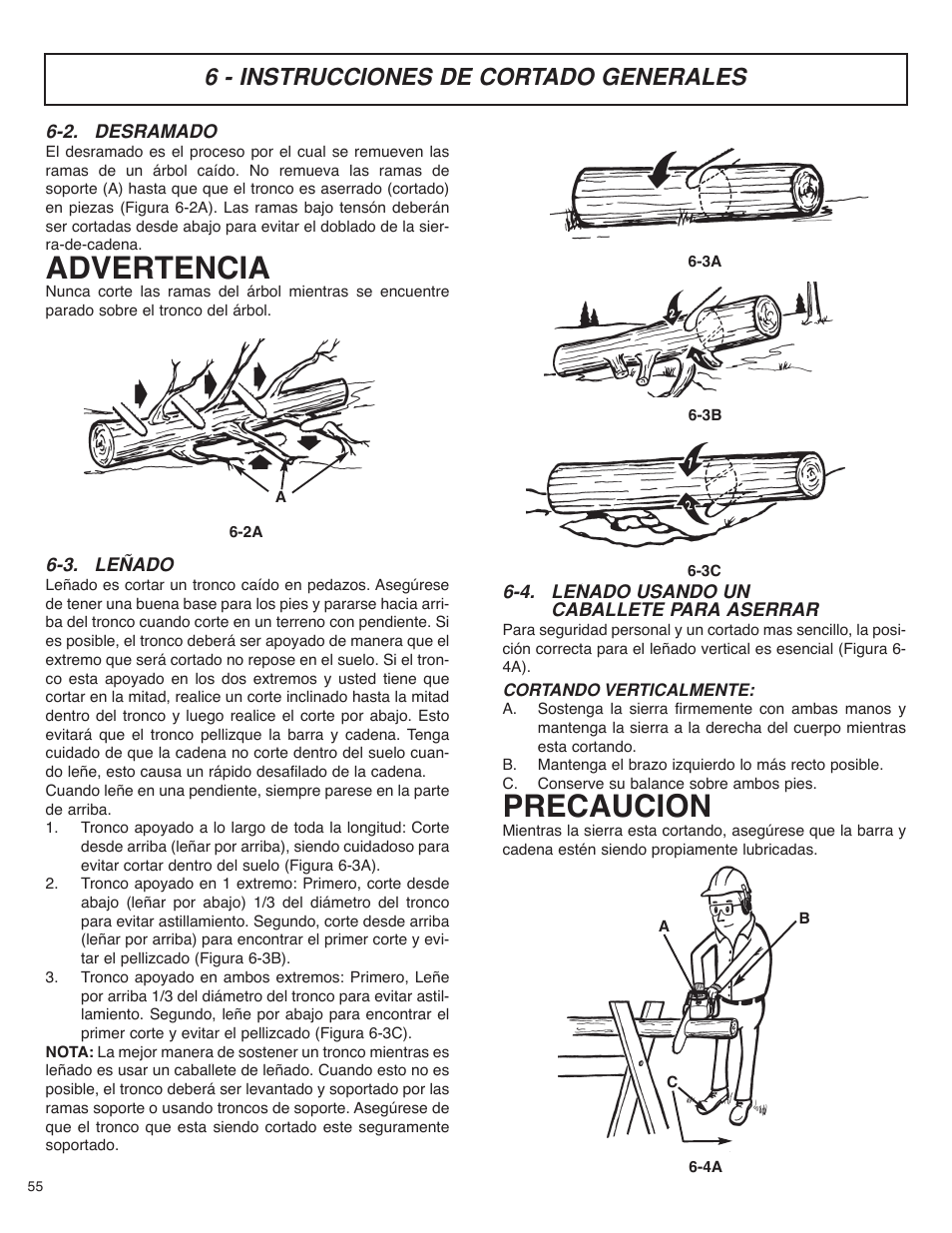 Advertencia, Precaucion, 6 - instrucciones de cortado generales | McCulloch MS4016PAVCC User Manual | Page 56 / 64
