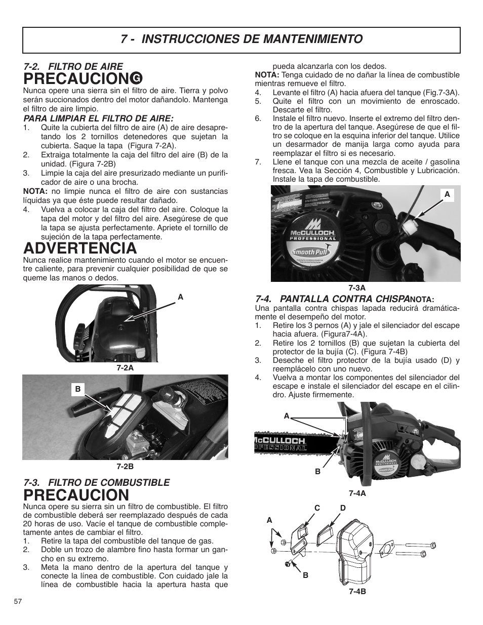 Precaucion, Advertencia, 7 - instrucciones de mantenimiento | McCulloch MS4016PAVCC User Manual | Page 58 / 64