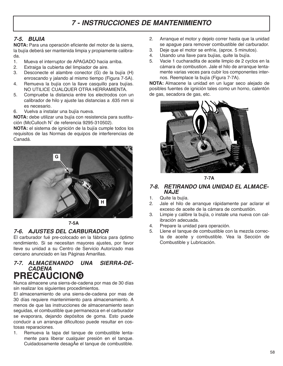 Precaucion, 7 - instrucciones de mantenimiento | McCulloch MS4016PAVCC User Manual | Page 59 / 64