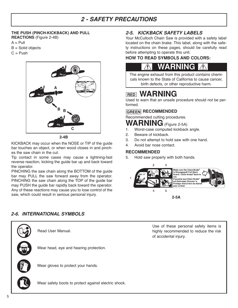 Warning, 2 - safety precautions | McCulloch MS4016PAVCC User Manual | Page 6 / 64
